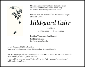 Traueranzeige von Hildegard Czirr von Schlei-Bote