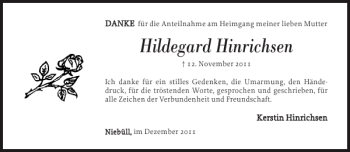 Traueranzeige von Hildegard Hinrichsen von Nordfriesland Tageblatt