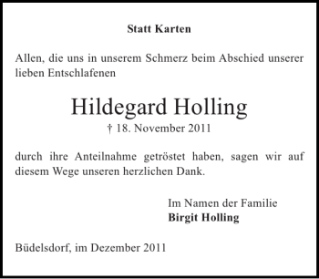 Traueranzeige von Hildegard Holling von Landeszeitung