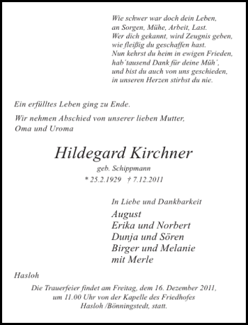 Traueranzeige von Hildegard Kirchner von Pinneberger Tageblatt