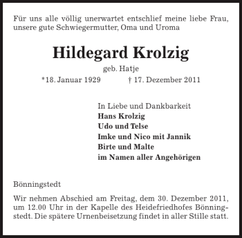 Traueranzeige von Hildegard Krolzig von Pinneberger Tageblatt