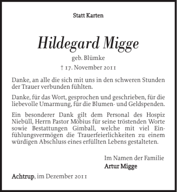 Traueranzeige von Hildegard Migge von Nordfriesland Tageblatt