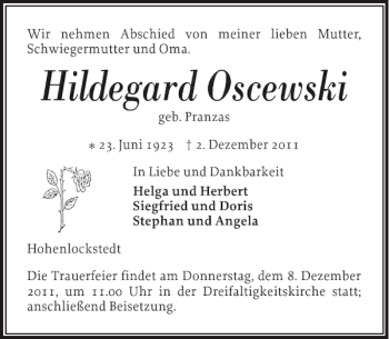 Traueranzeige von Hildegard Oscewski von Norddeutsche Rundschau