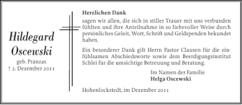 Traueranzeige von Hildegard Oscewski von Norddeutsche Rundschau