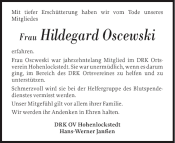 Traueranzeige von Hildegard Oscewski von Norddeutsche Rundschau