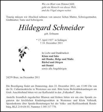 Traueranzeige von Hildegard Schneider von Landeszeitung