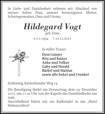 Traueranzeige von Hildegard Vogt von Schleswiger Nachrichten