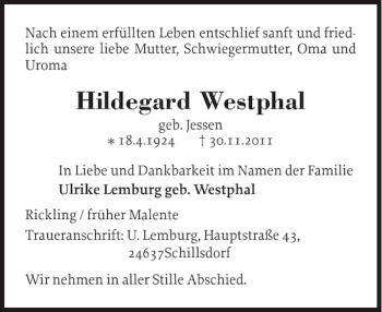 Traueranzeige von Hildegard Westphal von Ostholsteiner Anzeiger