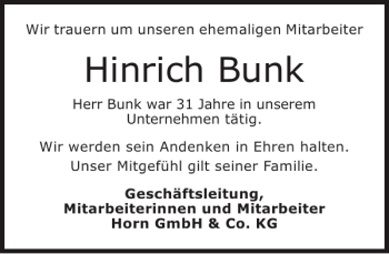Traueranzeige von Hinrich Bunk von Flensburger Tageblatt