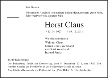 Traueranzeige von Horst Claus von Eckernförder Zeitung
