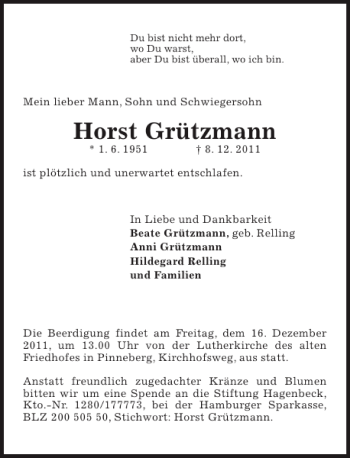 Traueranzeige von Horst Grützmann von Pinneberger Tageblatt