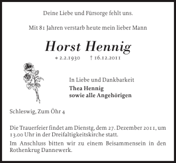 Traueranzeige von Horst Hennig von Schleswiger Nachrichten