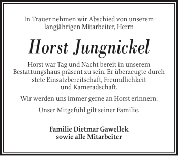 Traueranzeige von Horst Jungnickel von Husumer Nachrichten