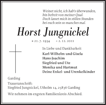 Traueranzeige von Horst Jungnickel von Husumer Nachrichten