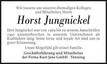 Traueranzeige von Horst Jungnickel von Husumer Nachrichten