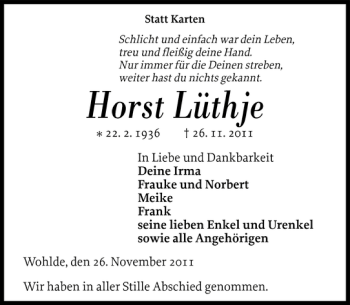 Traueranzeige von Horst Lüthje von Landeszeitung