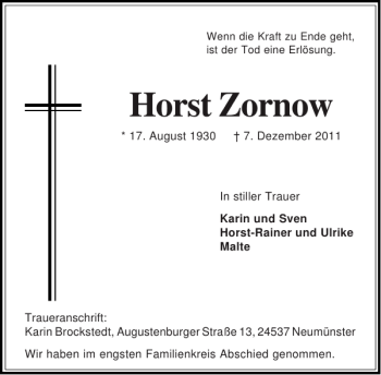 Traueranzeige von Horst Zornow von Holsteinischer Courier
