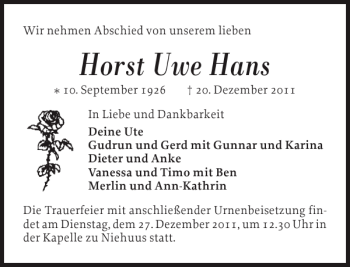 Traueranzeige von Horst Uwe Hans von Flensburger Tageblatt