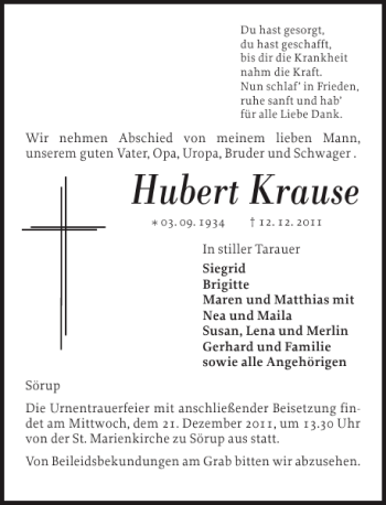Traueranzeige von Hubert Krause von Flensburger Tageblatt