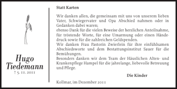 Traueranzeige von Hugo Tiedemann von Norddeutsche Rundschau