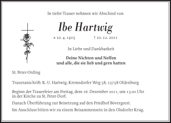 Traueranzeige von Ibe Hartwig von Husumer Nachrichten