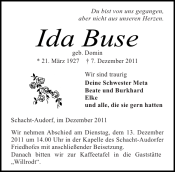 Traueranzeige von Ida Buse von Landeszeitung