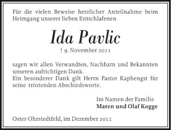 Traueranzeige von Ida Pavlic von Husumer Nachrichten