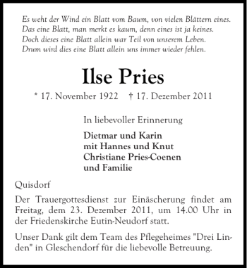 Traueranzeige von Ilse Pries von Ostholsteiner Anzeiger
