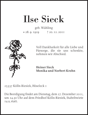 Traueranzeige von Ilse Sieck von Elmshorner Nachrichten