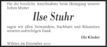 Traueranzeige von Ilse Stuhr von Norddeutsche Rundschau