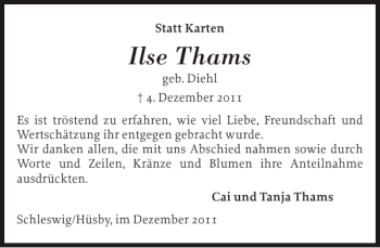 Traueranzeige von Ilse Thams von Schleswiger Nachrichten