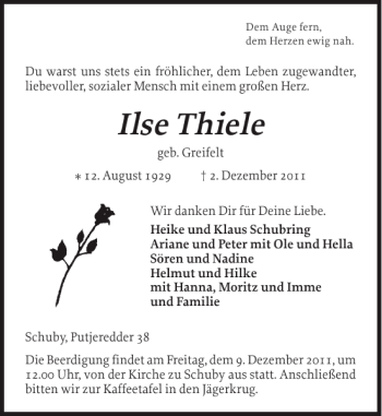 Traueranzeige von Ilse Thiele von Schleswiger Nachrichten