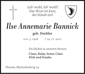 Traueranzeige von Ilse Annemarie Bannick von Husumer Nachrichten