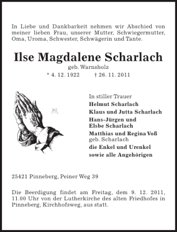 Traueranzeige von Ilse Magdalene Scharlach von Pinneberger Tageblatt