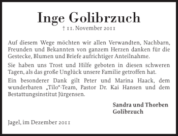 Traueranzeige von Inge Golibrzuch von Schleswiger Nachrichten