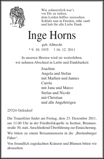 Traueranzeige von Inge Horns von Norddeutsche Rundschau