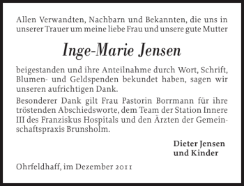 Traueranzeige von Inge-Marie Jensen von Flensburger Tageblatt