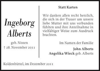 Traueranzeige von Ingeborg Alberts von Husumer Nachrichten
