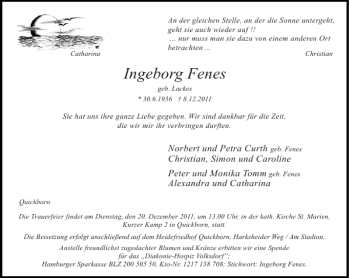Traueranzeige von Ingeborg Fenes von Pinneberger Tageblatt