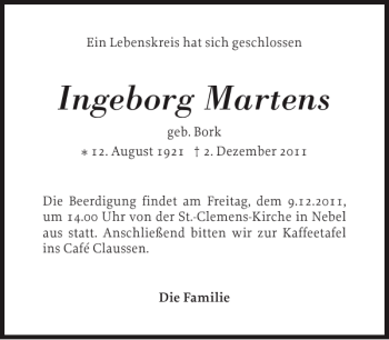 Traueranzeige von Ingeborg Martens von Der Insel-Bote