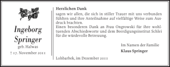 Traueranzeige von Ingeborg Springer von Norddeutsche Rundschau