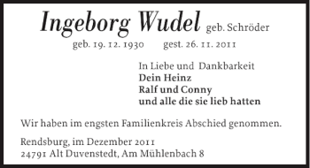 Traueranzeige von Ingeborg Wudel von Landeszeitung