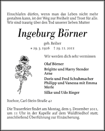 Traueranzeige von Ingeburg Börner von Norddeutsche Rundschau