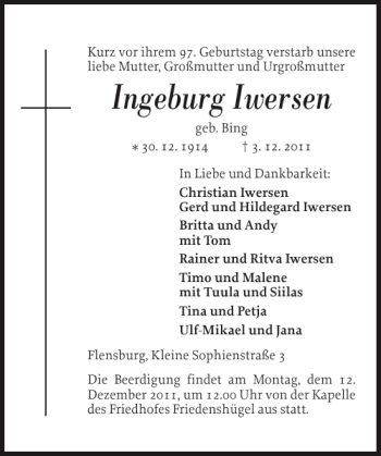Traueranzeige von Ingeburg Iwersen von Flensburger Tageblatt