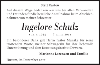 Traueranzeige von Ingelore Schulz von Husumer Nachrichten