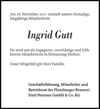 Traueranzeige von Ingrid Gutt von Flensburger Tageblatt