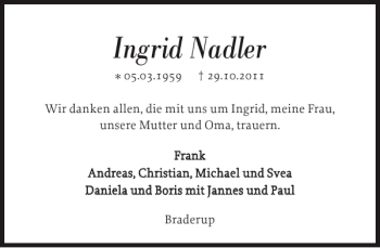 Traueranzeige von Ingrid Nadler von Nordfriesland Tageblatt