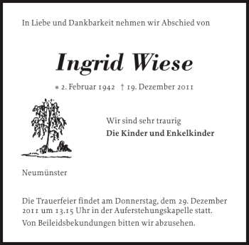 Traueranzeige von Ingrid Wiese von Holsteinischer Courier