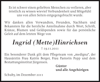 Traueranzeige von Ingrid Mette Hinrichsen von Schleswiger Nachrichten