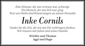 Traueranzeige von Inke Cornils von Husumer Nachrichten